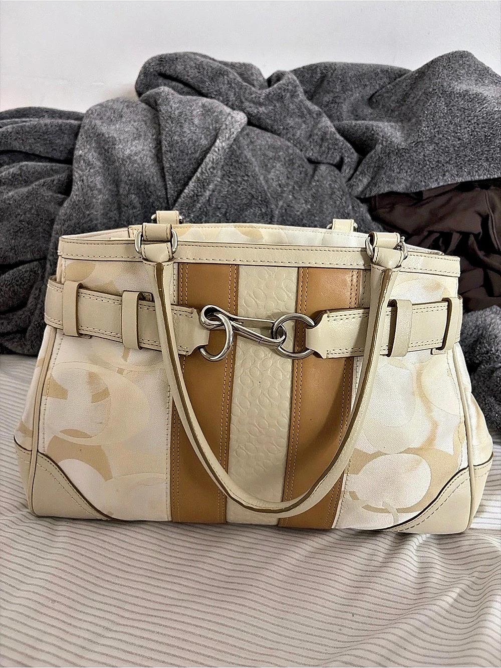 Coach Heritage Stripe Tote Signature Canvas Shoulder Bag Cream & Brown